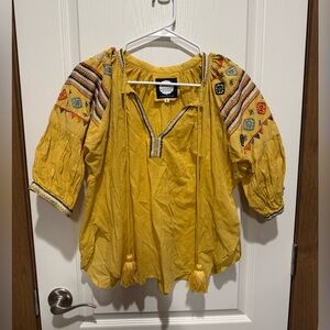 Alamwar Women’s Embroidered Top Size S Mustard Yellow Peasant Boho
